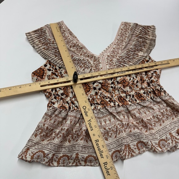 Rachel Zoe Top Womens Small Boho Floral‎ Smocked Peplum V-Neck Ruffle Blouse - Picture 7 of 7